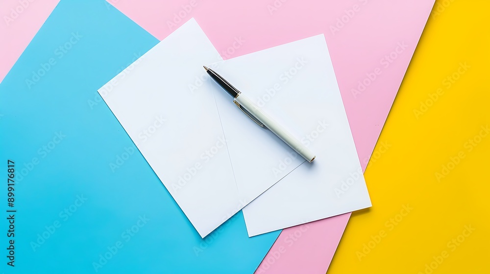 Two white mockup blanks and pen on geometric blue yellow and pink background Two white mockup blanks and pen on geometric blue yellow and pink background