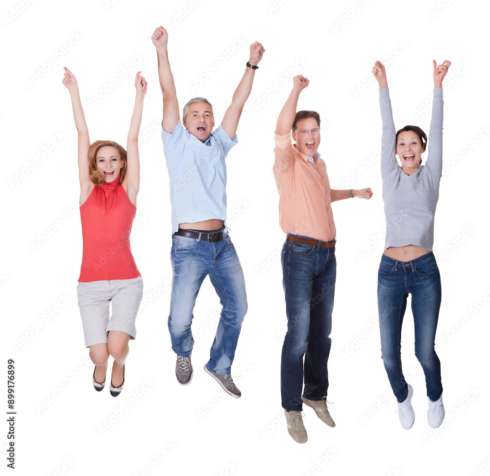 Celebrating Success: Two Couples Jumping in Joy Celebrating Success: Two Couples Jumping in Joy