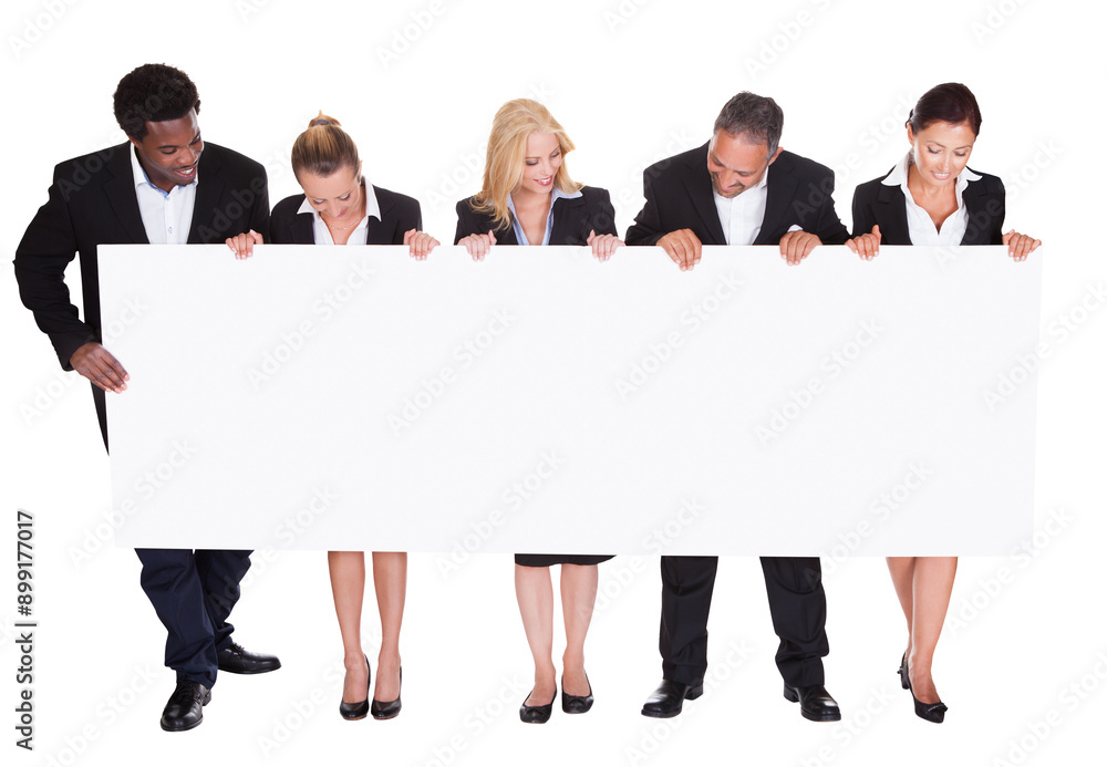 Professional man and woman holding blank placard in isolated studio Professional man and woman holding blank placard in isolated studio