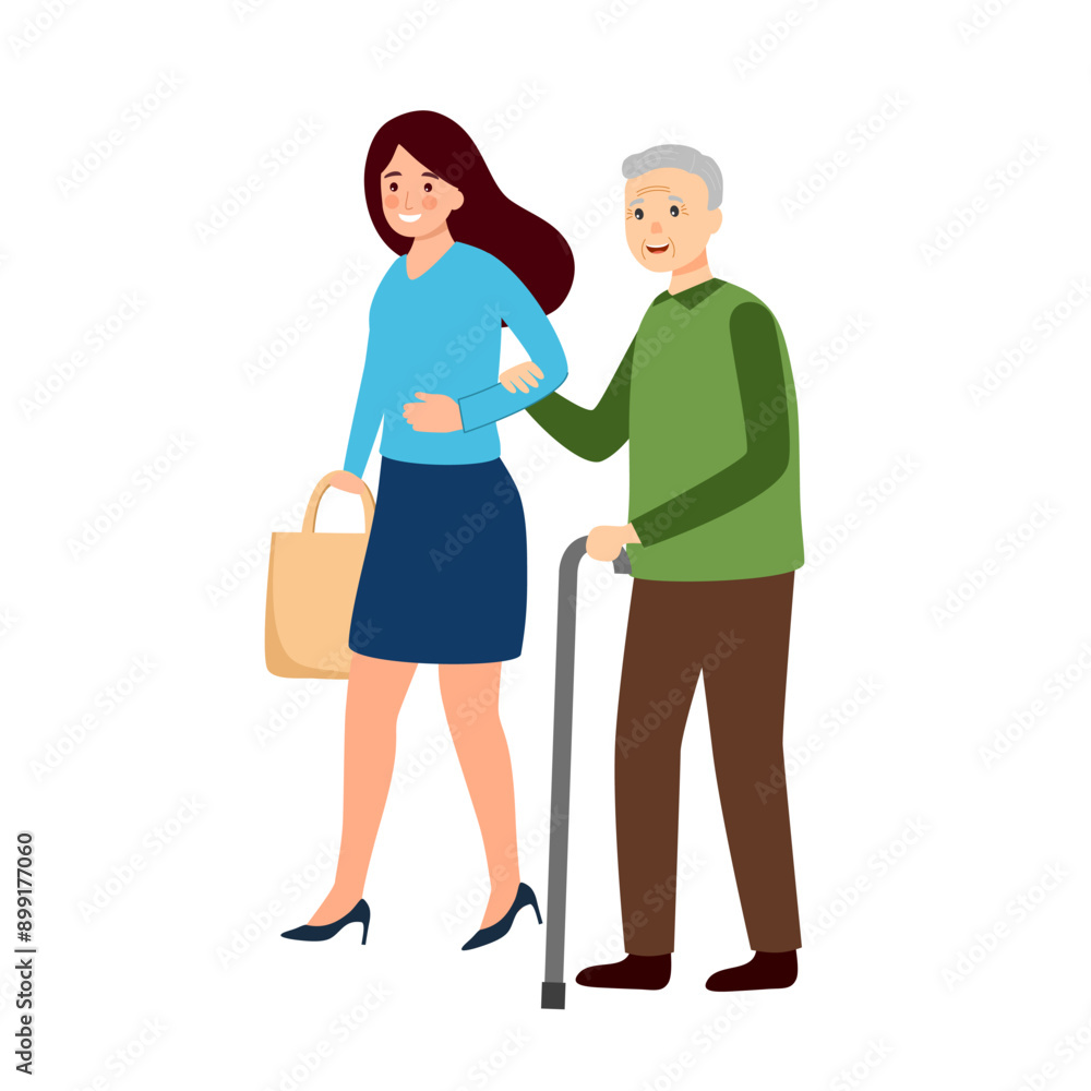 Female caretaker and elderly man doing shopping. Volunteer with senior person helping to buy groceries. Social worker helping grandpa. Nursing retirement home services. Female caretaker and elderly man doing shopping. Volunteer with senior person helping to buy groceries. Social worker helping grandpa. Nursing retirement home services.