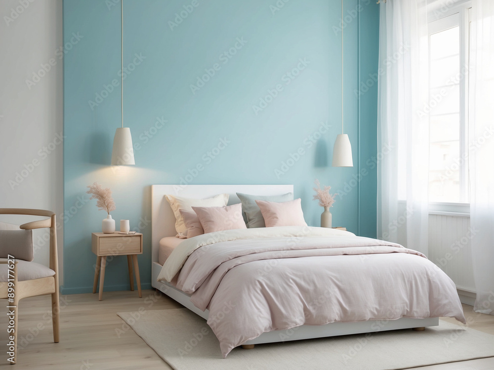 Relax in a calming bedroom with pastel blue walls, a white bed with pastel-colored bedding Relax in a calming bedroom with pastel blue walls, a white bed with pastel-colored bedding