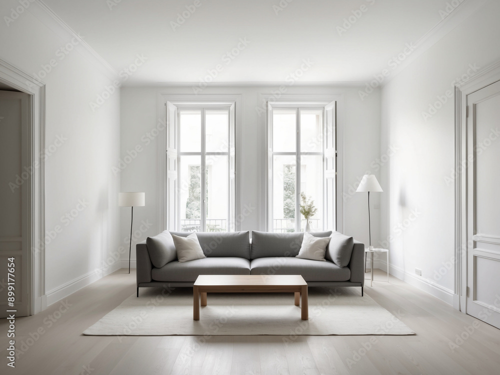 Experience the serene elegance of a spacious living room with white walls, a sleek gray sofa, a simple wooden coffee table Experience the serene elegance of a spacious living room with white walls, a sleek gray sofa, a simple wooden coffee table