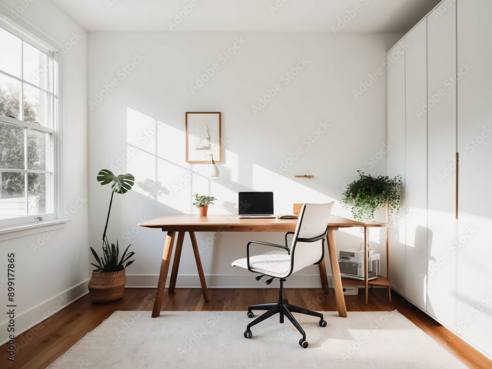 Achieve productivity in a clean and organized home office with white walls, a simple wooden desk, a comfortable chair, and minimal decor. Achieve productivity in a clean and organized home office with white walls, a simple wooden desk, a comfortable chair, and minimal decor.