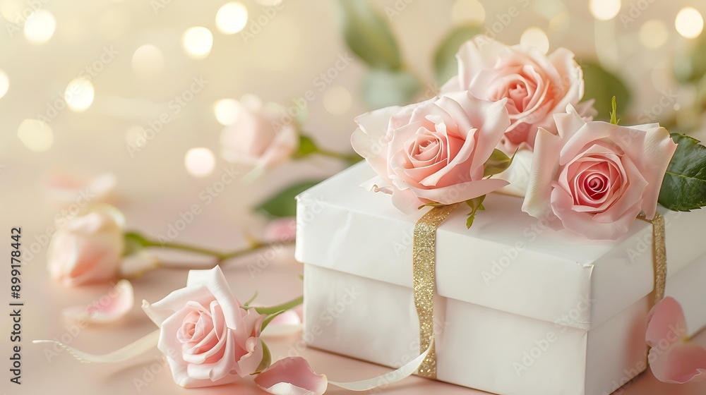 White gift box with beautiful pink roses on Pastel gold background White gift box with beautiful pink roses on Pastel gold background