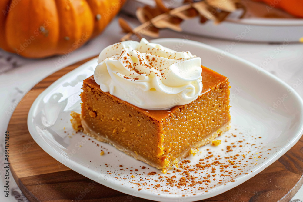Traybaked pumpkin pie slice with cream on plate Traybaked pumpkin pie slice with cream on plate