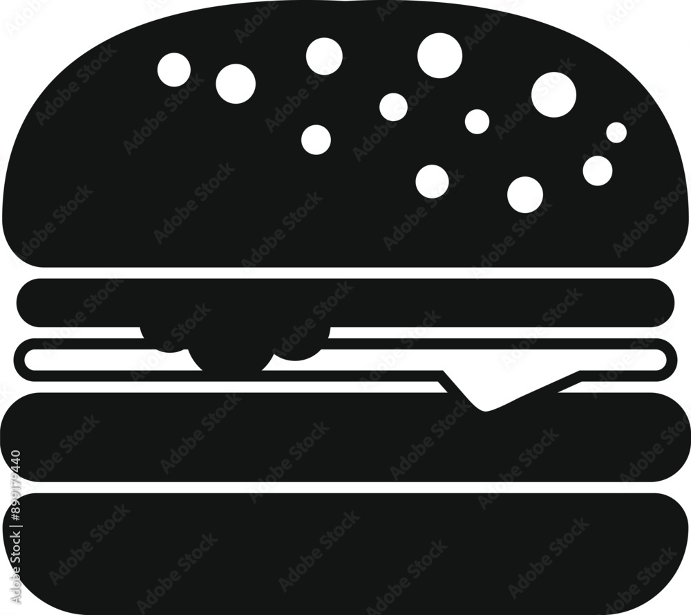 Big black and white icon of a burger with sesame seeds, cheese and meat Big black and white icon of a burger with sesame seeds, cheese and meat