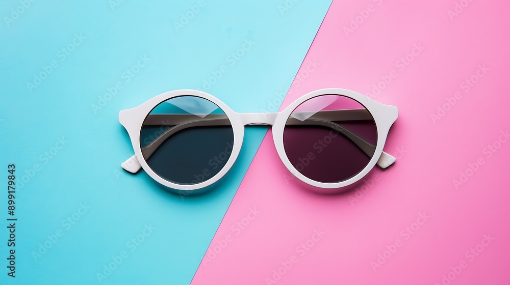 White sunglasses on pink and blue background White sunglasses on pink and blue background
