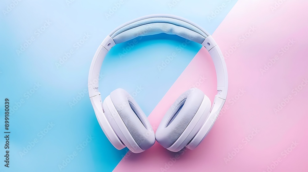 White wireless headphones on a pastel pink and blue background White wireless headphones on a pastel pink and blue background