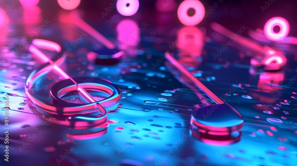 Fototapeta premium Vibrant Neon-Lit 3D Musical Elements Forming Elegant Rhythmic Composition