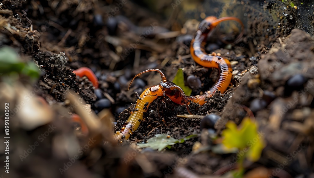 Orange Centipede in Soil Hunting Worms Orange Centipede in Soil Hunting Worms
