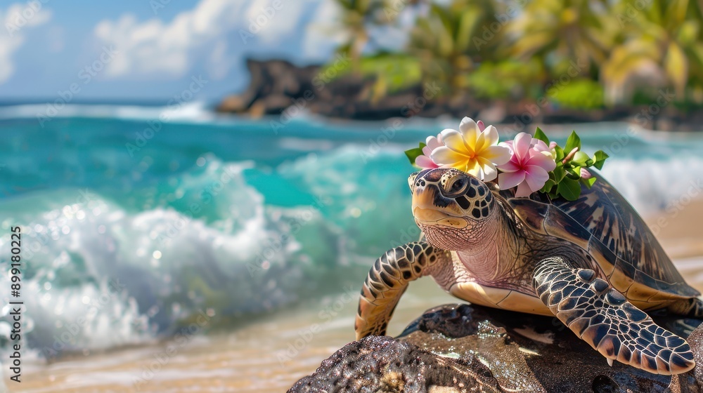 Serene Turtle Wearing Flower Crown on Beach Rock with Palm Trees and Turquoise Waves in Background, Summer Vacation Serene Turtle Wearing Flower Crown on Beach Rock with Palm Trees and Turquoise Waves in Background, Summer Vacation