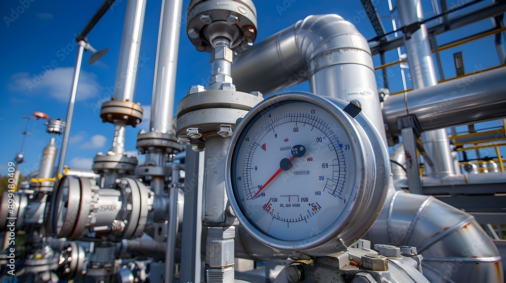 Intricate Industrial Gas Equipment with Meters and Valves Against a Bright Blue Sky