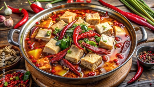 Vibrant Sichuan hot pot overflows with savory meats, crisp vegetables, and tender tofu in a spicy broth infused with crimson peppers, aromatic spices, and numbing peppercorns.