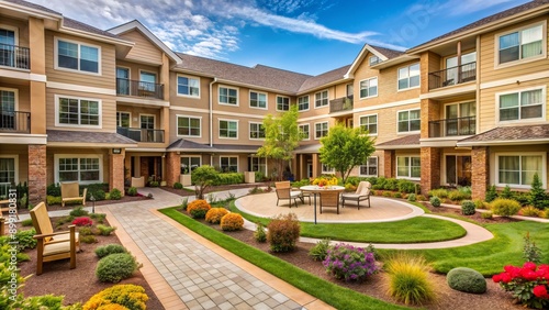 Warm and inviting exterior of a senior living community, featuring a spacious courtyard with gardens, walking paths, and comfortable outdoor seating areas. photo