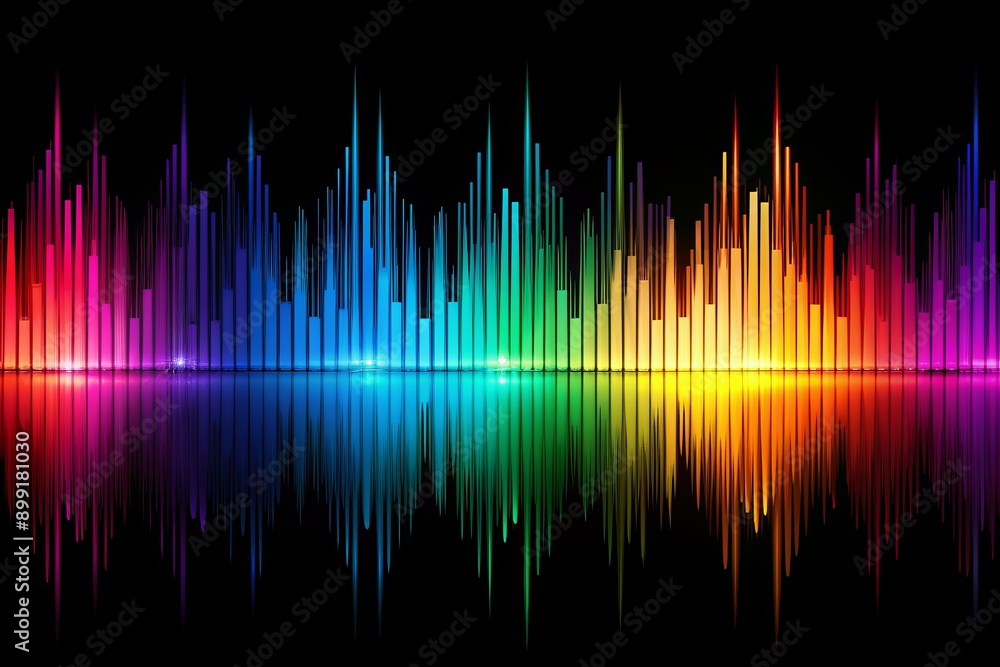 Vibrant music bars in various colors jump out against a black background, accompanied by a stylized sound wave line illustration, creating an abstract sonic landscape. Vibrant music bars in various colors jump out against a black background, accompanied by a stylized sound wave line illustration, creating an abstract sonic landscape.