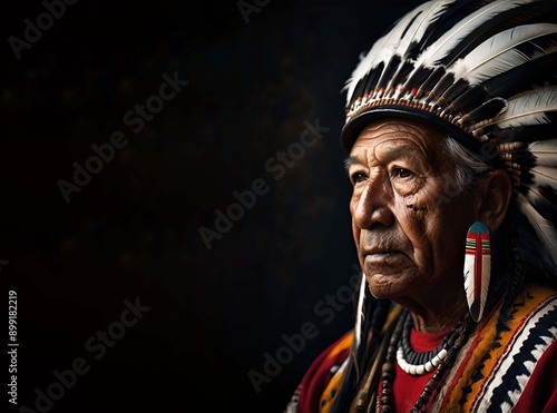 Capture the essence of Red Indian tradition with this realistic portrait, featuring traditional attire and feathered headdress, perfect for copyspace and cultural themes.





 photo