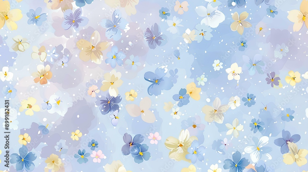 seamless pattern with a digital illustration of tiny flowers in pastel hues floating against a light blue background. seamless pattern with a digital illustration of tiny flowers in pastel hues floating against a light blue background.
