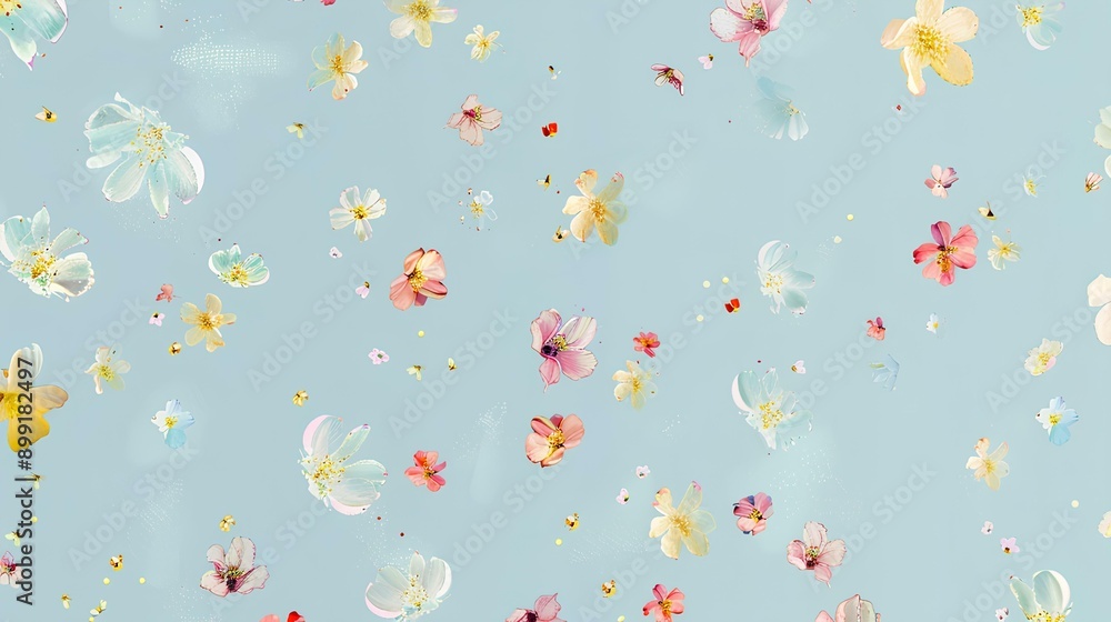 seamless pattern with a digital illustration of tiny flowers in pastel hues floating against a light blue background. seamless pattern with a digital illustration of tiny flowers in pastel hues floating against a light blue background.