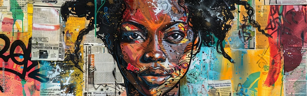 Dreamy African Woman Surrounded by Graffiti and Newspapers Dreamy African Woman Surrounded by Graffiti and Newspapers