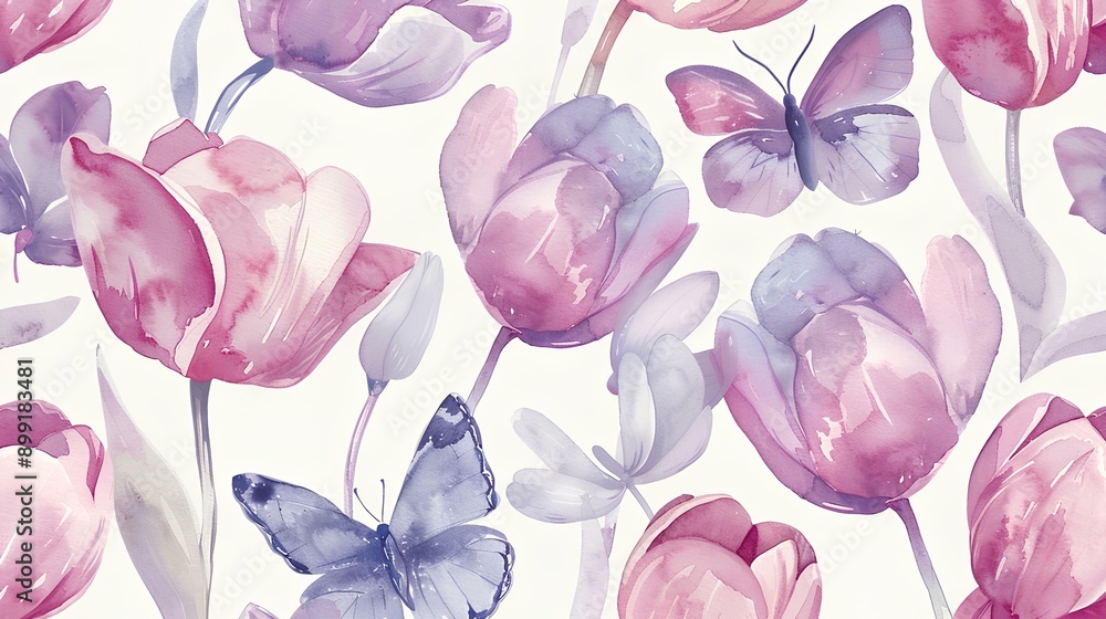 A seamless pattern with watercolor tulips and butterflies, pastel hues evoking spring's essence, pink, soft blue, light green on a white background for a gentle blended effect A seamless pattern with watercolor tulips and butterflies, pastel hues evoking spring's essence, pink, soft blue, light green on a white background for a gentle blended effect
