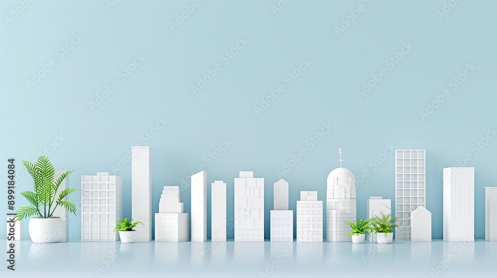 Fototapeta premium 3D minimalist skyline with residential towers, showcasing urban housing trends, demand