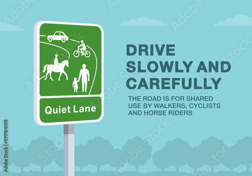 Safe driving tips and traffic regulation rules. Close-up of a british "quiet lane" road sign. Drive slowly and carefully, the road is for shared use. Flat vector illustration template.