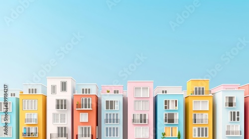 Abstract 3D minimalist cityscape with colorful apartment blocks, emphasizing rising housing demand, urbanization