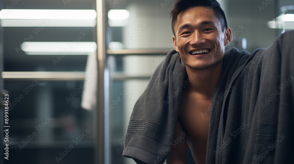Man after shower with hygiene, towel and beauty Man after shower with hygiene, towel and beauty