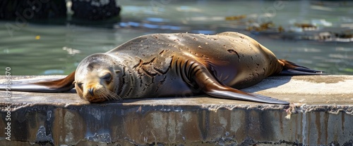 A sea lion lolls in the sun. Sea Lions at San Francisco Pier 39 Fisherman's Wharf has become a major tourist attraction. photo