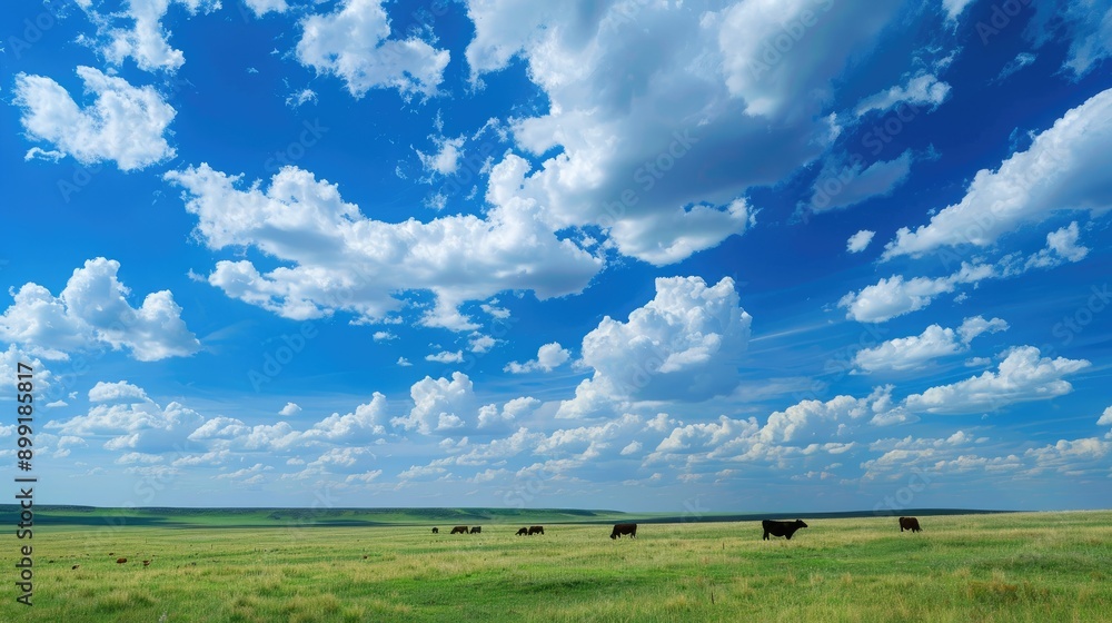 A peaceful field with grazing cattle under a wide, open sky. A peaceful field with grazing cattle under a wide, open sky.