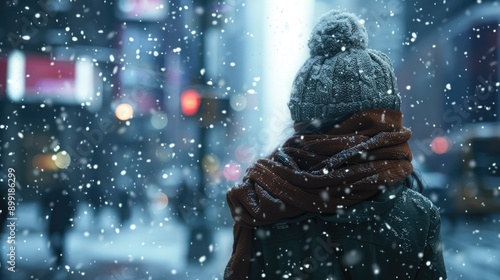 A person wrapped in a warm scarf and hat, walking through a snowy city street.