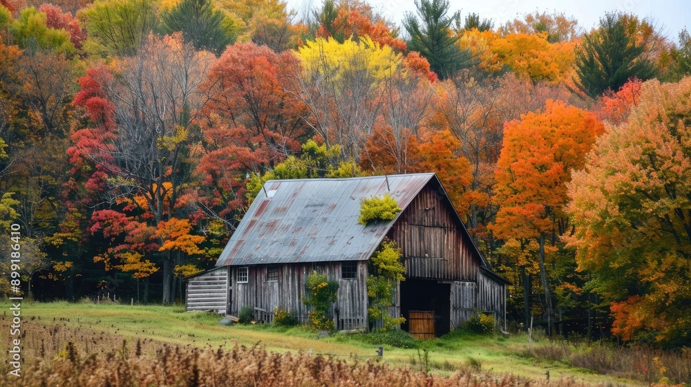 A picturesque fall landscape with a rustic barn surrounded by colorful trees. A picturesque fall landscape with a rustic barn surrounded by colorful trees.