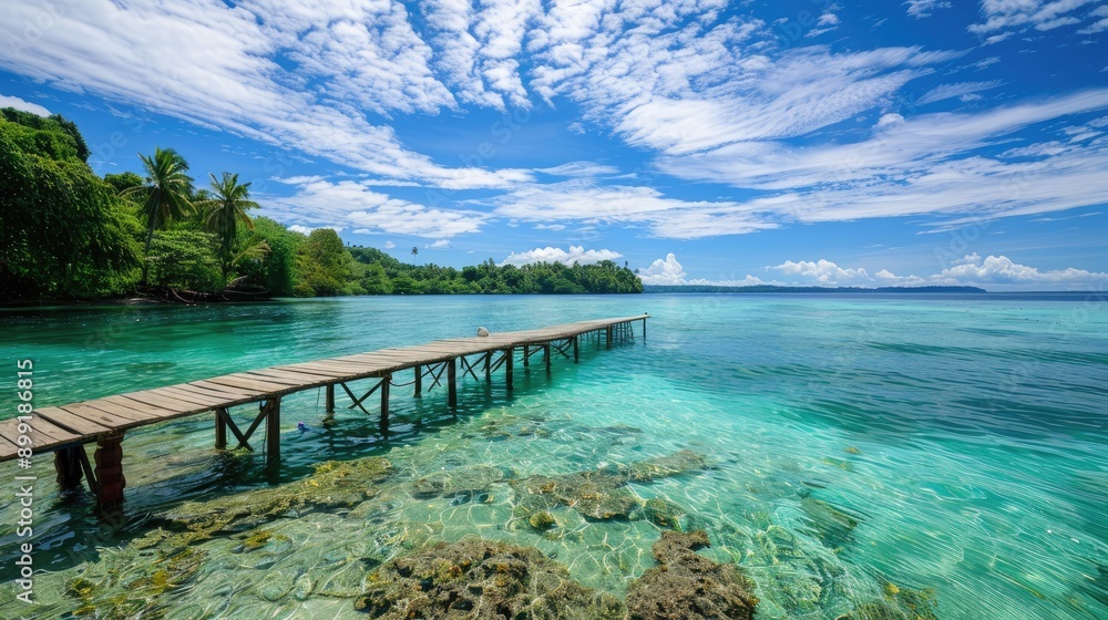 A picturesque lagoon with a wooden dock extending into the clear, calm water. A picturesque lagoon with a wooden dock extending into the clear, calm water.