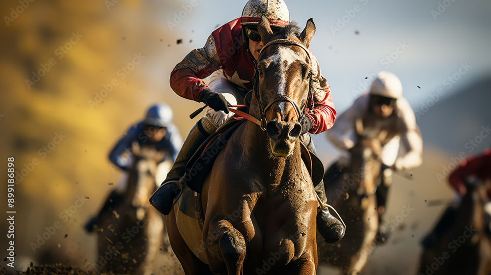 Two jockeys during horse races on his horses going towards finish line. Traditional European sport. Two jockeys during horse races on his horses going towards finish line. Traditional European sport.
