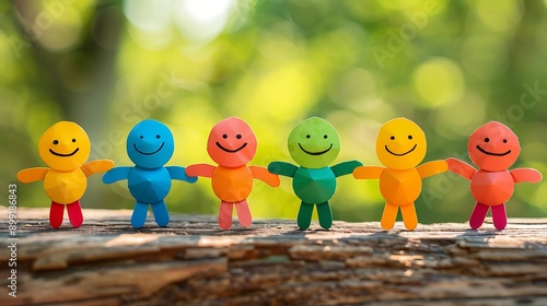 Group of colorful plasticine people standing together with smiley face. photo