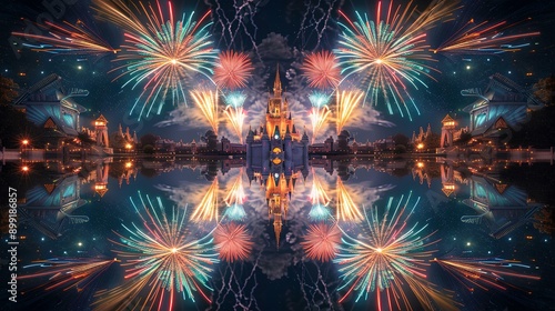 Castle in the night sky, fireworks fill up and down, reflecting on the lake, dreamy lights, magical atmosphere, colorful decorations, towering buildings around it, princess castle, sparkling stars © Aleena