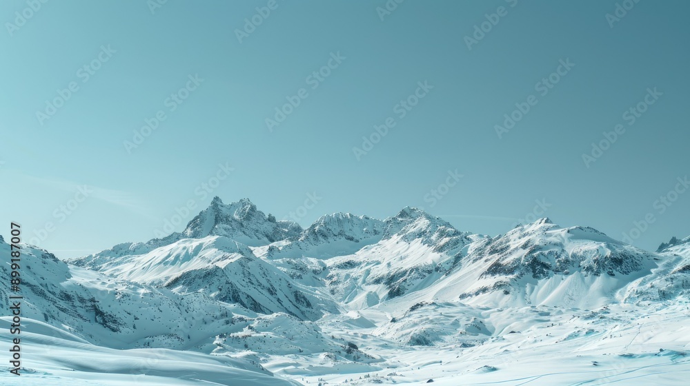 Obraz premium A picturesque mountain range covered in snow with a clear blue sky above.