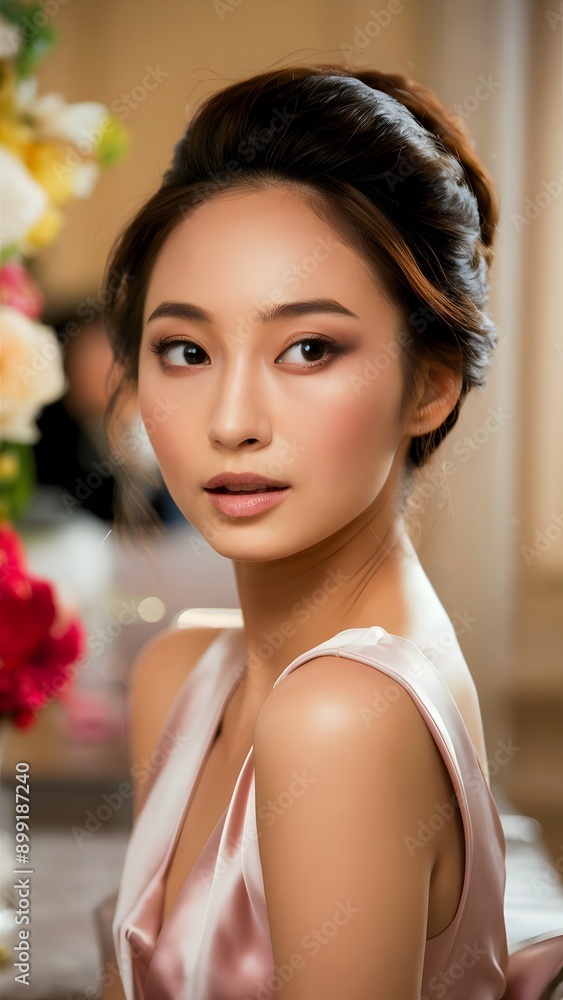 Woman looking with romantic wedding cosmetics on the engagement day flawless skincare Woman looking with romantic wedding cosmetics on the engagement day flawless skincare
