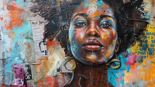 Dreamy African Woman Surrounded by Graffiti and Newspapers