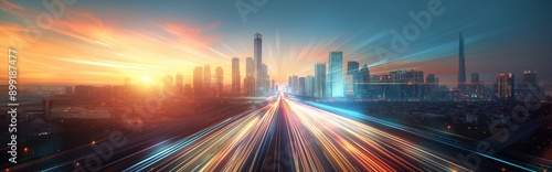 Panorama of futuristic cityscape at sunset with light trails blending innovation and urban vibrancy.
