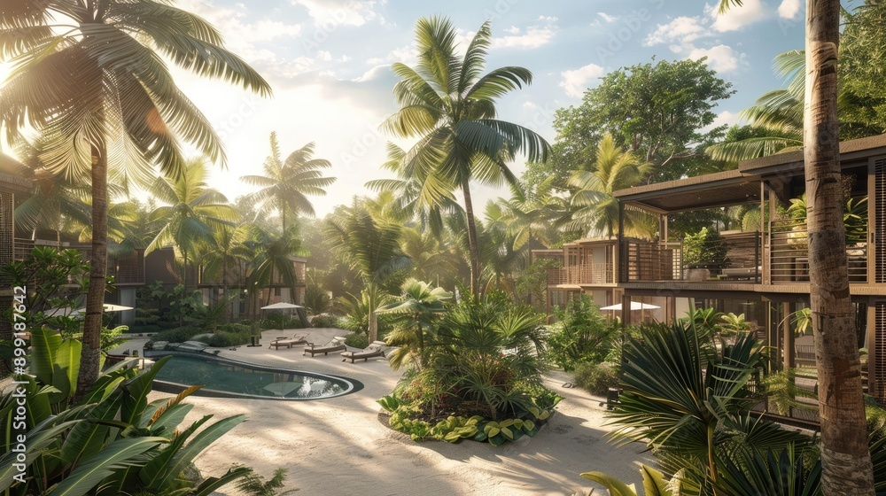 Fototapeta premium 3D rendered hotel building with lush palm trees, offering a realistic and inviting visual of a tropical resort