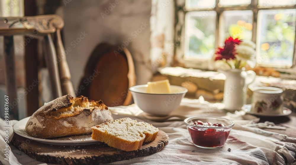 A rustic breakfast setting with freshly baked bread, butter, and homemade jam. A rustic breakfast setting with freshly baked bread, butter, and homemade jam.