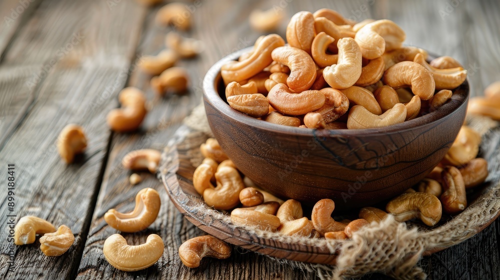 Fototapeta premium A bowl filled with homemade roasted salted cashews on a wooden table, perfect for a healthy snack display