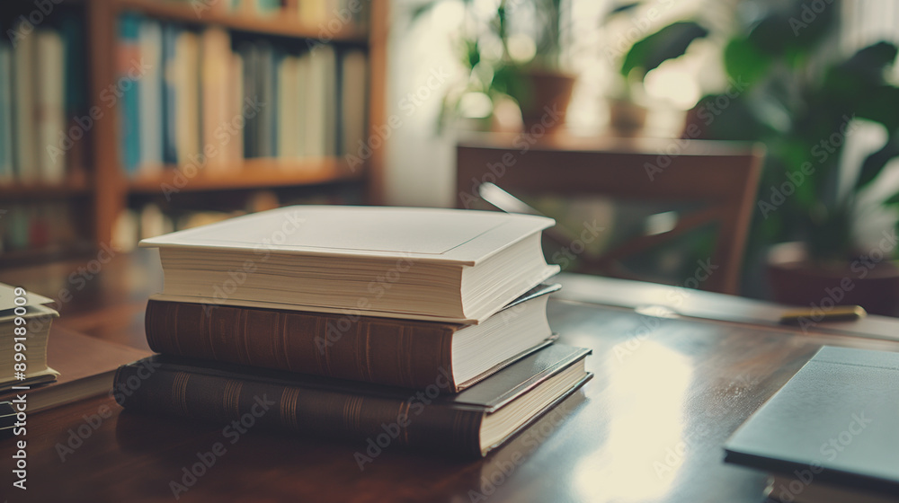 Stacked Books on a Wooden Table Surrounded by Green Plants and Natural Light Stacked Books on a Wooden Table Surrounded by Green Plants and Natural Light