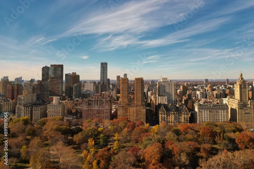 New York City Central Park. Top view with Autumn tree. Autumn Central Park view from drone. Aerial of NY City, panorama in Autumn. Autumn in Central Park. Central Park Fall Colors of foliage.