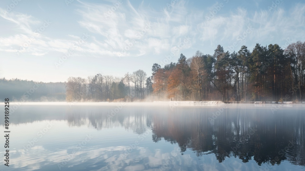 A serene lake covered in a blanket of fog, with trees barely visible in the distance. A serene lake covered in a blanket of fog, with trees barely visible in the distance.