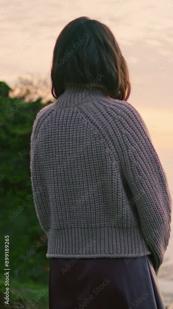 Woman enjoy ocean twilight walking hill holding album vertical. Gloomy nature Woman enjoy ocean twilight walking hill holding album vertical. Gloomy nature