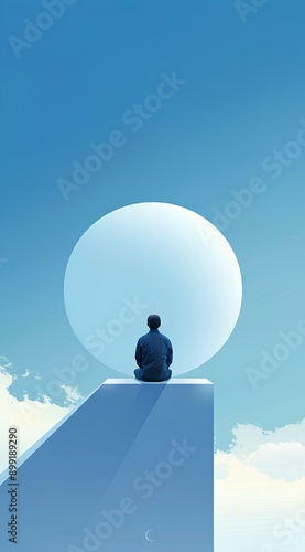 man sitting on the edge of an enormous circle, with a pastel blue sky in the background, a minimal landscape, calming mood