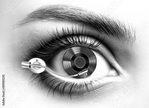 close up of woman eye with a vinyl record and player arm