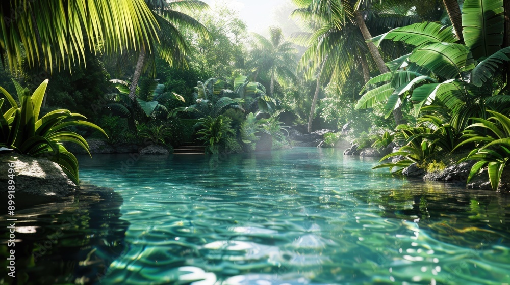 A serene tropical lagoon with crystal clear water and lush greenery surrounding it. A serene tropical lagoon with crystal clear water and lush greenery surrounding it.